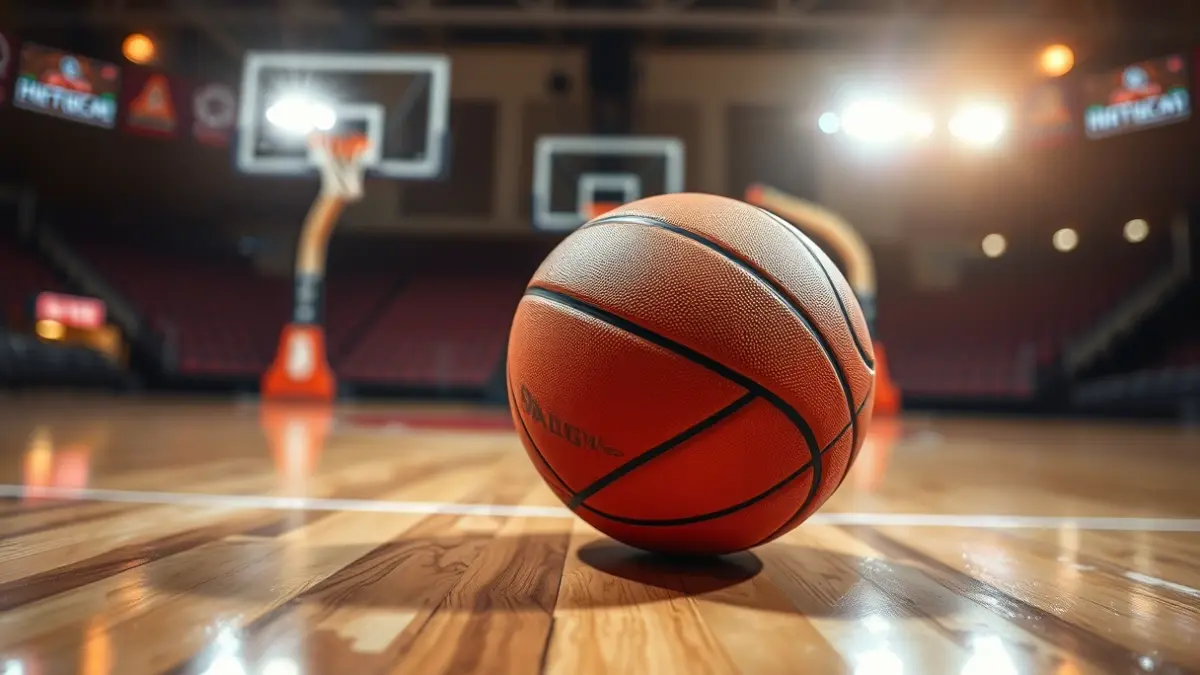 Imatge genèrica d'una pilota de bàsquet en una pista, amb un cèrcol desenfocat al fons.