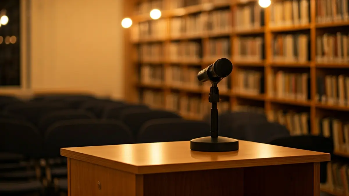 Imatge genèrica d'una sala de presentacions literàries amb un micròfon i cadires buides.