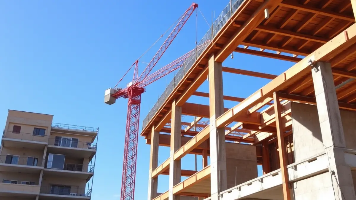 Imagen de una grúa en una obra de construcción, con la estructura de un edificio en fase inicial.