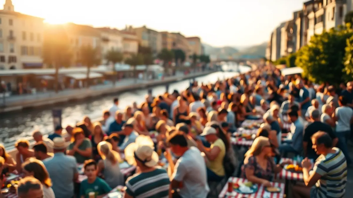 Imagen de un picnic multitudinario a la orilla de un canal, con gente disfrutando del ambiente festivo.