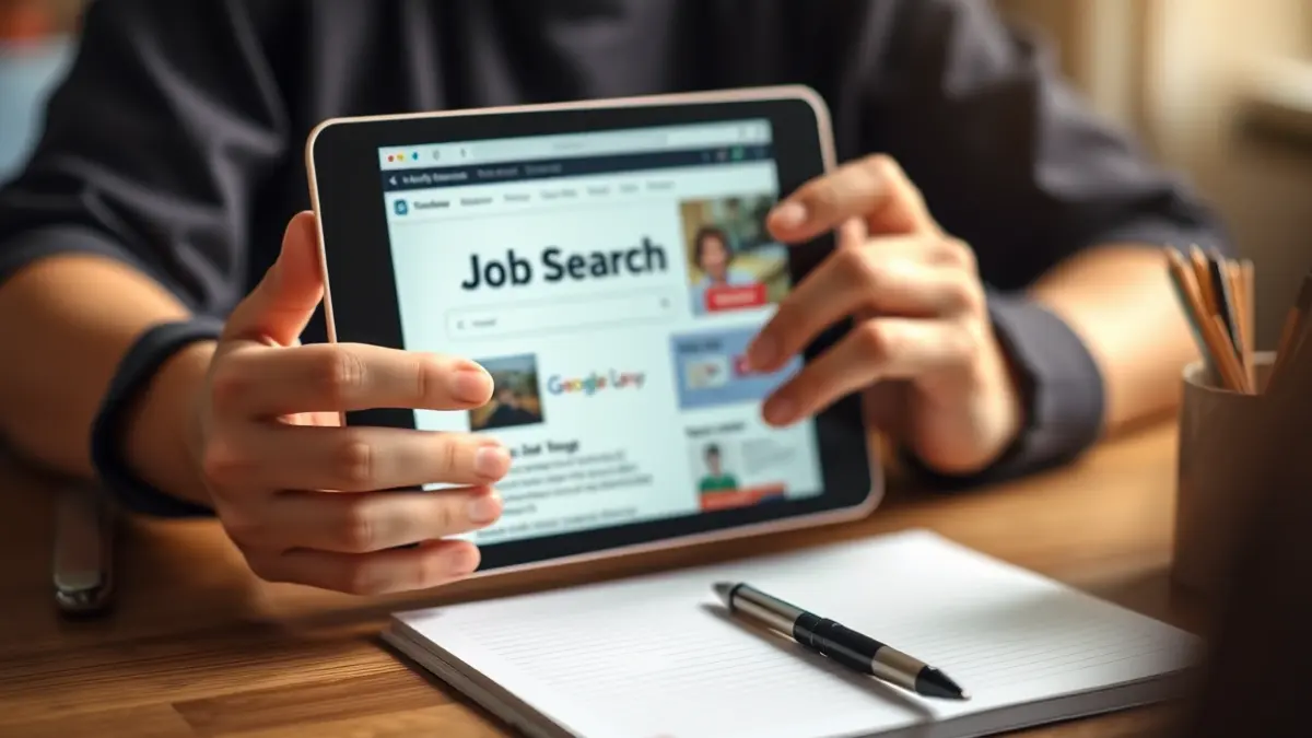 Generic image of young hands browsing job offers on a tablet.