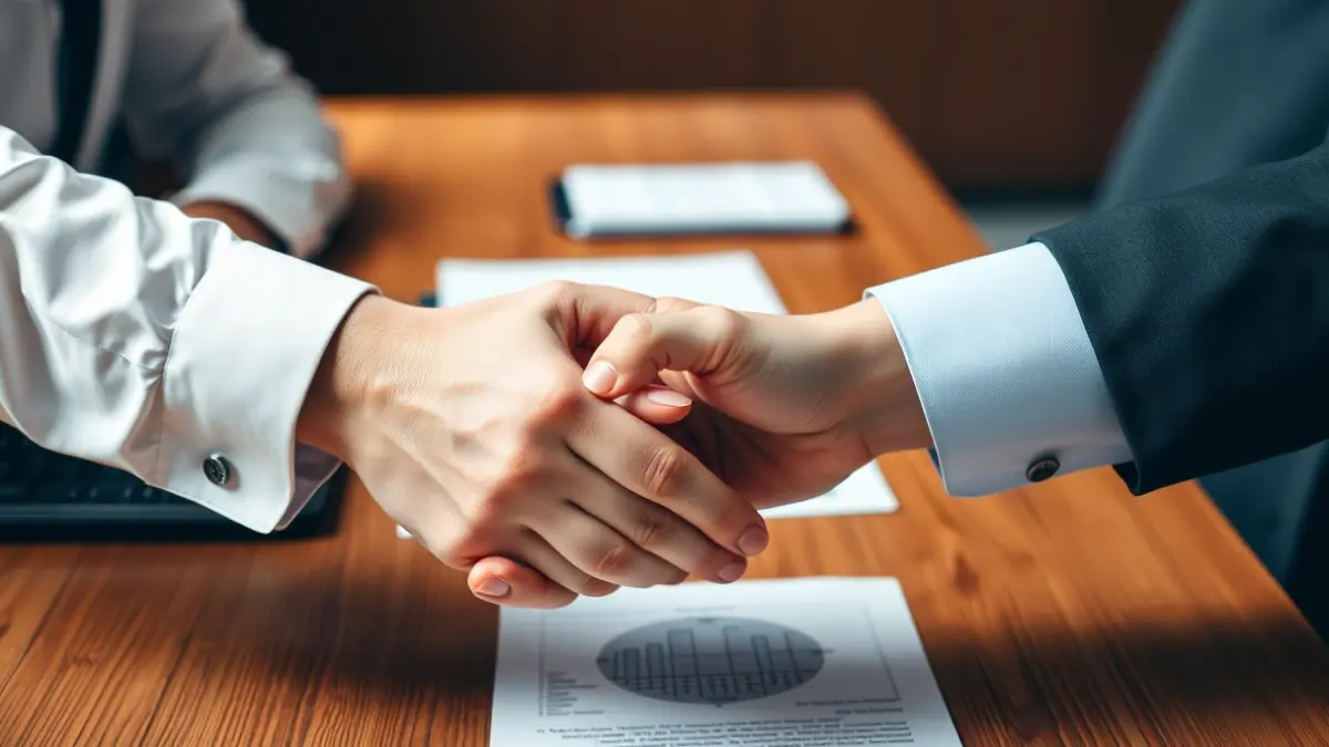 Imagen genérica de dos manos estrechándose sobre un escritorio, con documentos desenfocados al fondo.