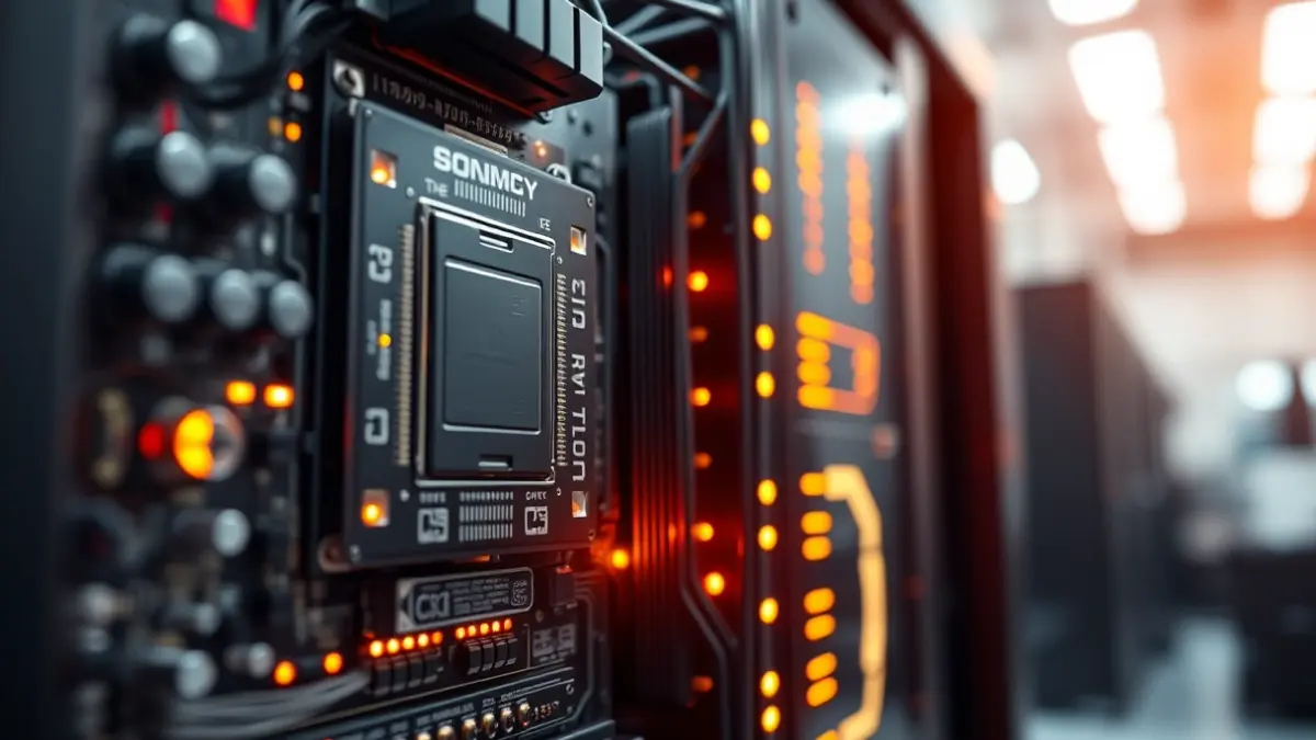 Generic image of a supercomputer's circuit board with glowing lights, symbolizing advanced technology.