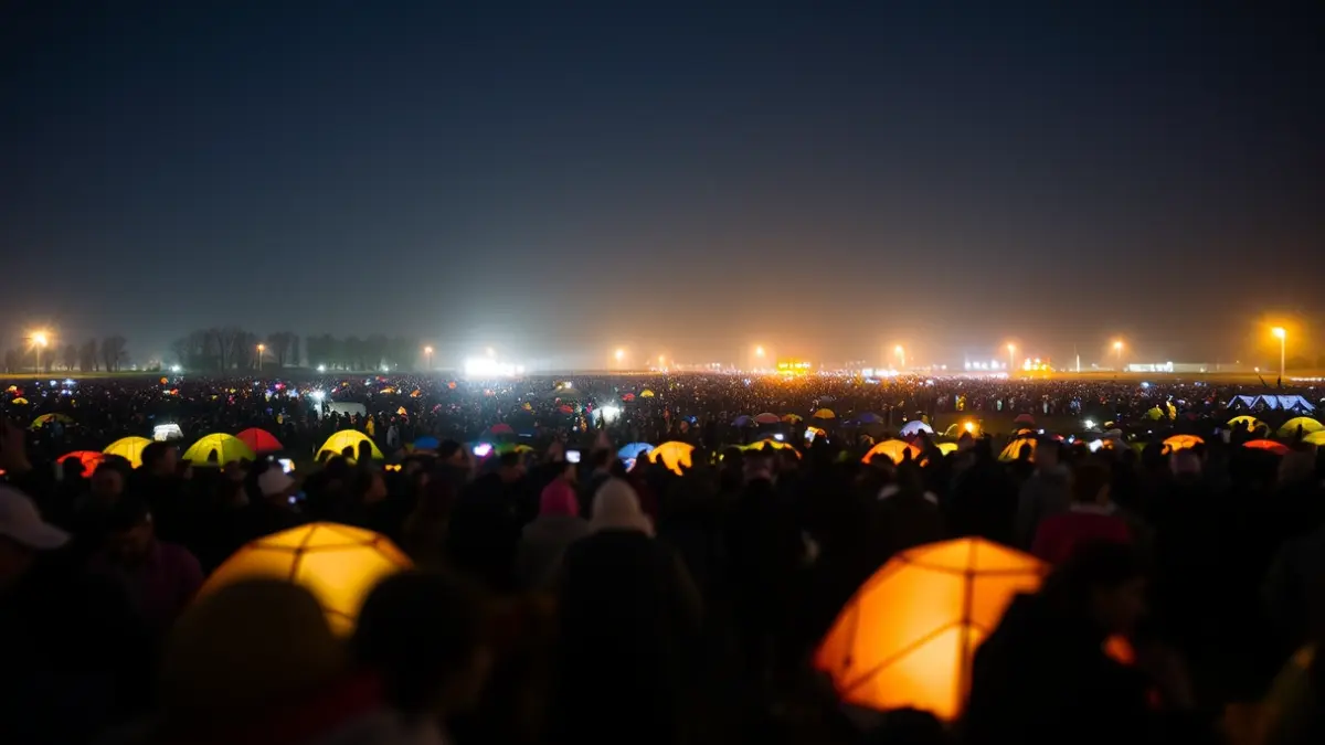 Imagen de un campamento de protesta nocturno con tiendas y personas reunidas.