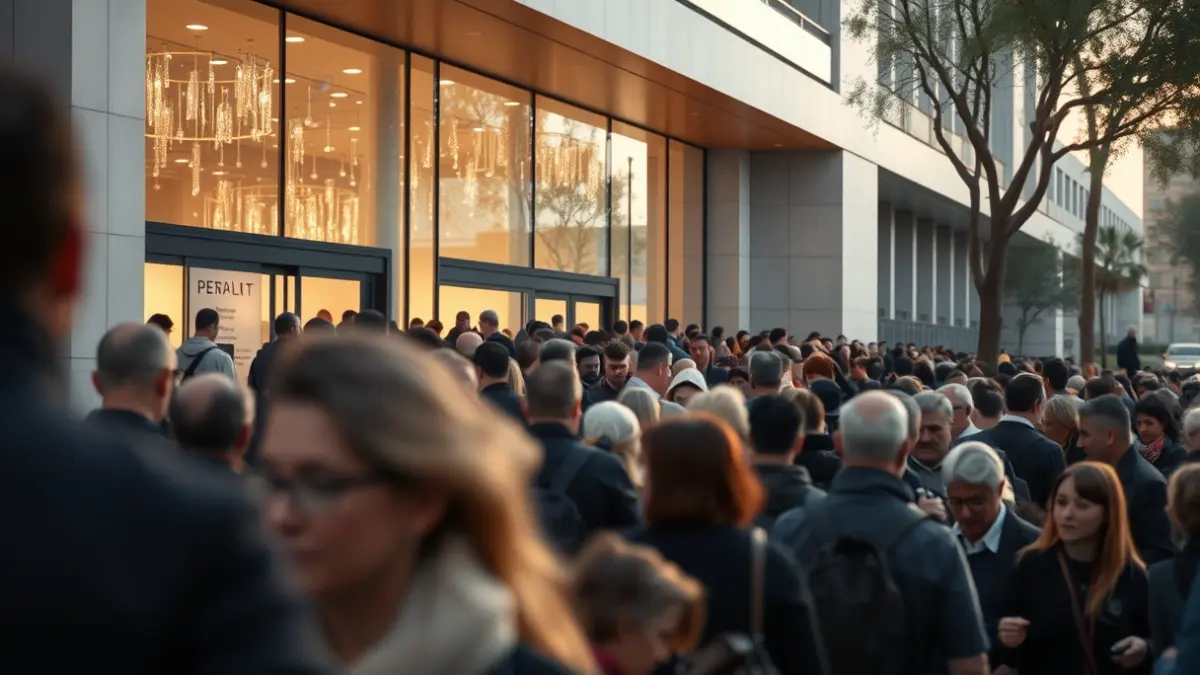 Imatge d'una multitud fent cua a l'exterior d'un recinte firal a Girona.