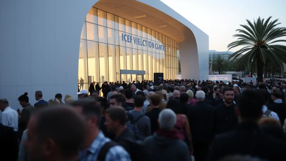 Image of a long queue of people waiting outside an exhibition center in the early morning.