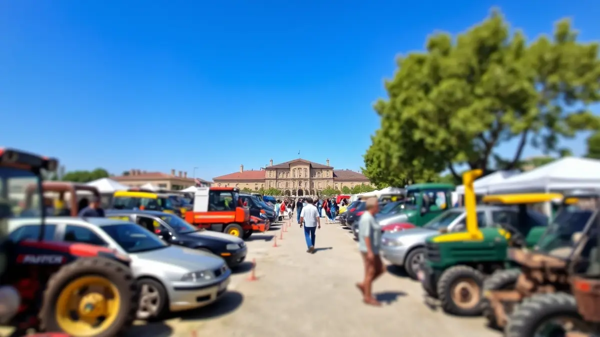 Imagen de una feria de vehículos y maquinaria al aire libre con expositores y visitantes.