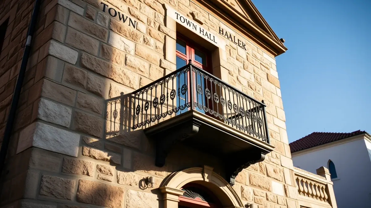 Stone town hall facade with balcony and iron railings, illuminated by afternoon sun.