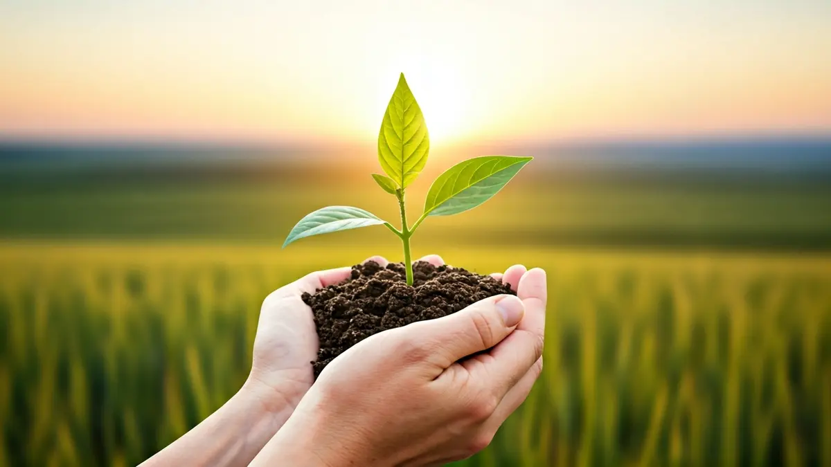 Imatge genèrica de mans sostenint una planta jove, amb un camp agrícola al fons.