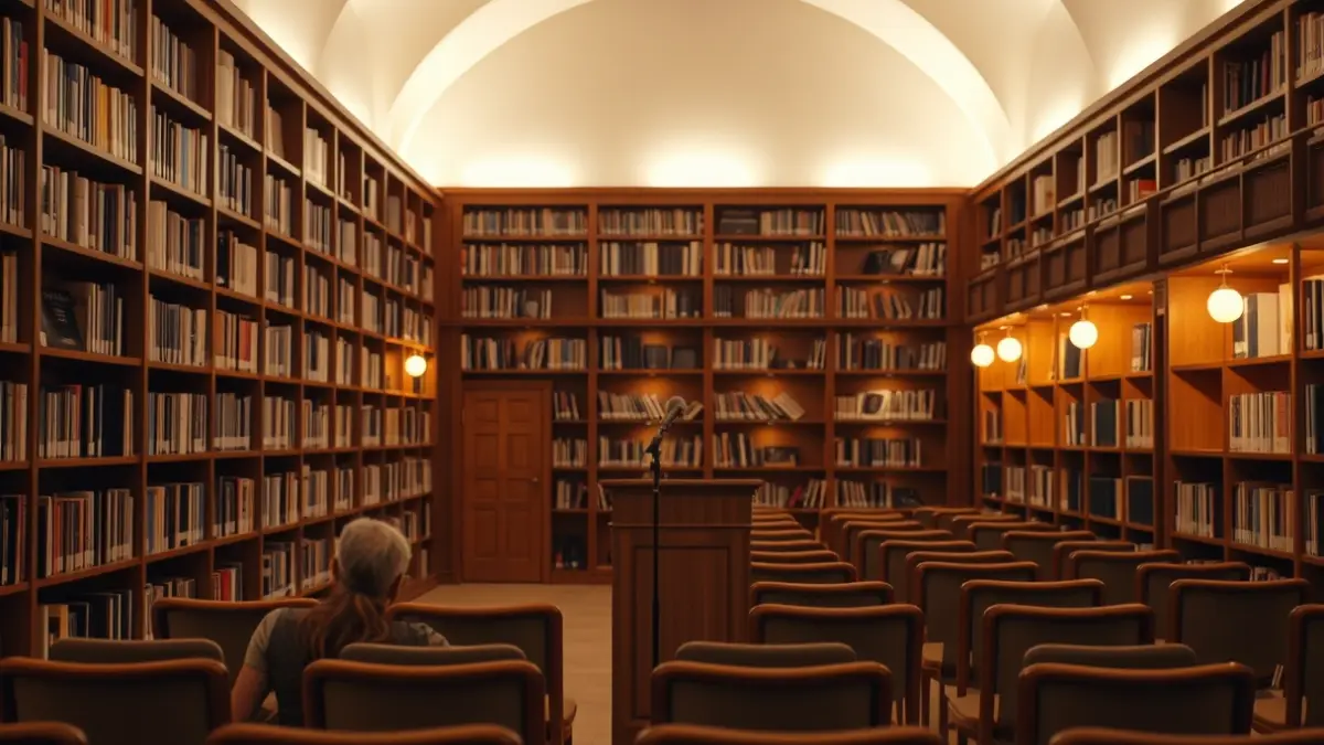 Imatge genèrica d'un interior de biblioteca amb prestatgeries de fusta i un podi amb micròfon, il·luminat càlidament.