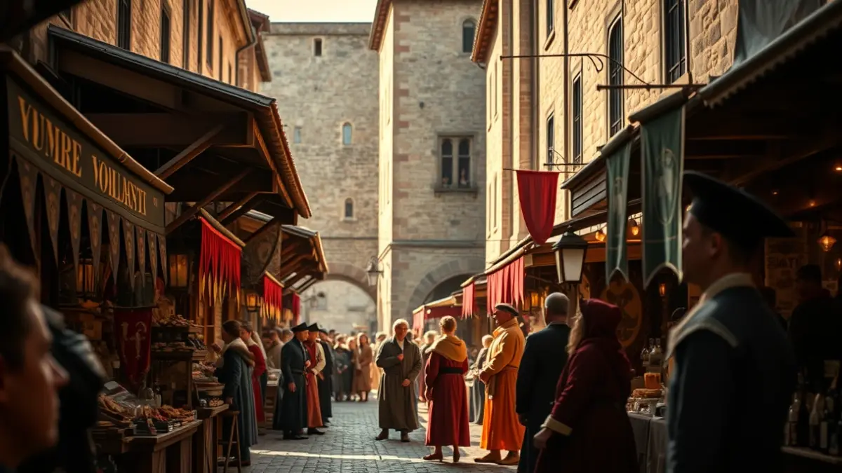 Image of a medieval market with activities and people in costume.