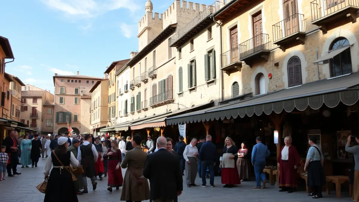 Image of a medieval reenactment in a Catalan town square, with people in period costumes and artisan stalls.