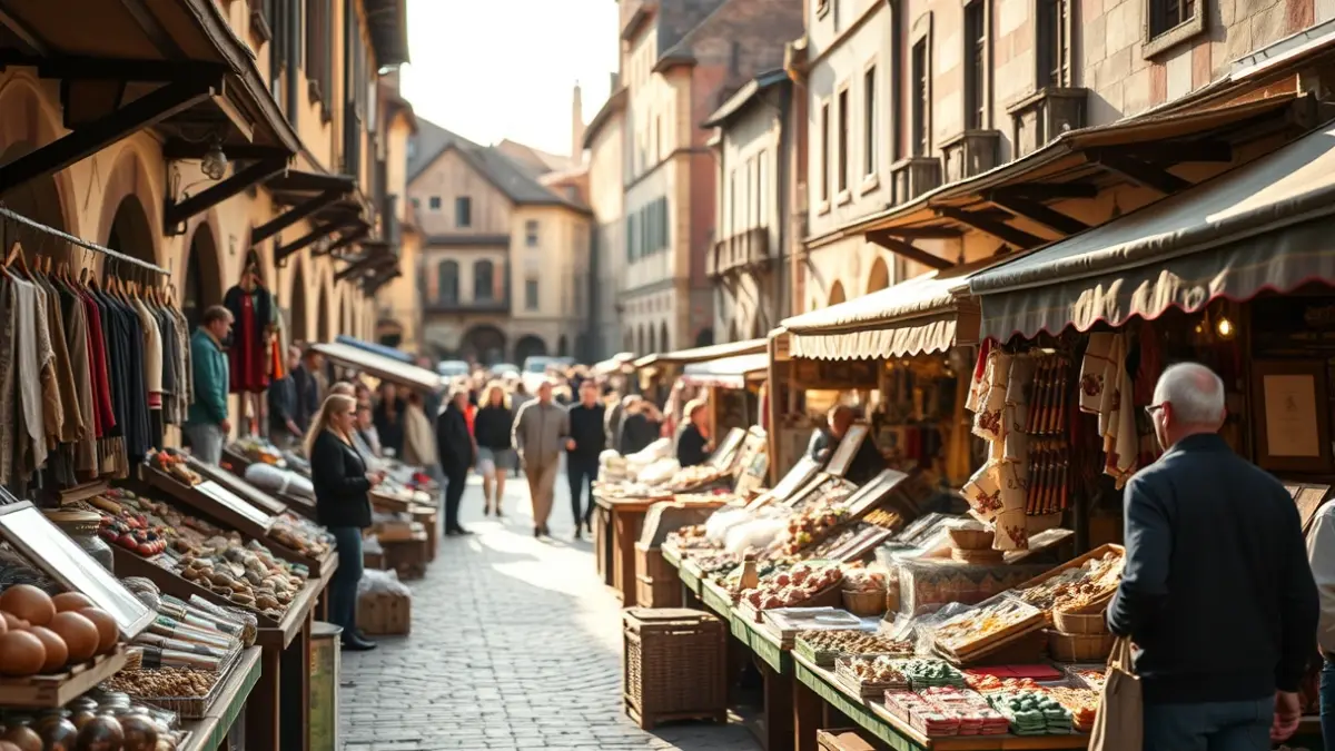 Image of a medieval market with people strolling among artisan stalls and traditional products.