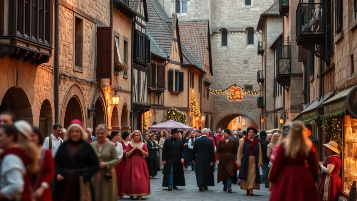Imagen de una recreación medieval en una calle empedrada con edificios antiguos y gente disfrazada.