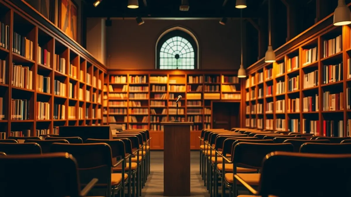 Imagen genérica de una sala de presentaciones de libros con un ambiente acogedor.