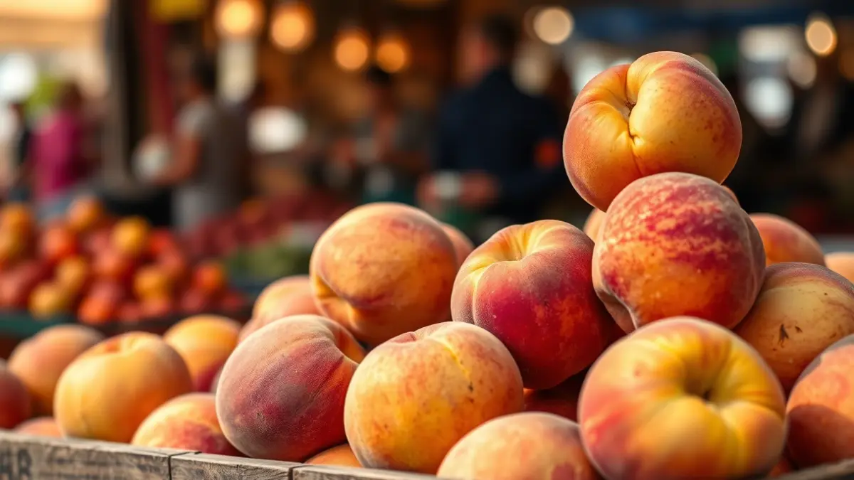 Generic image of fresh peaches at a market stall.