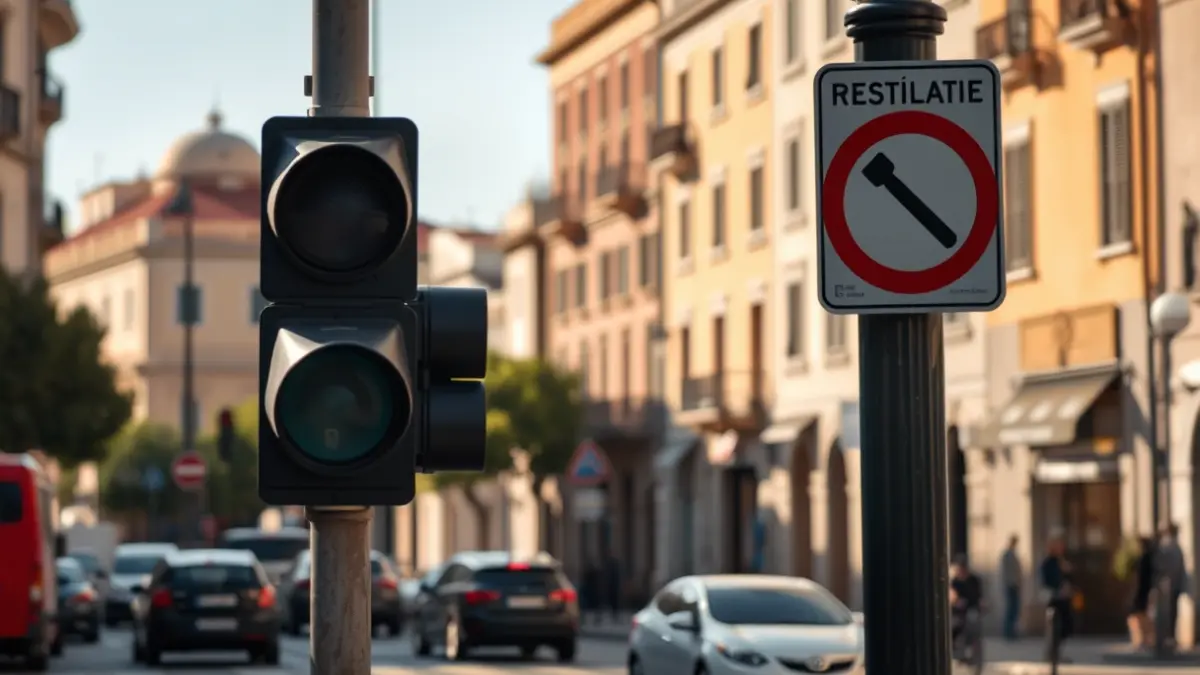 Imatge d'un carril restringit a la Via Laietana amb senyalització de trànsit i edificis històrics al fons.