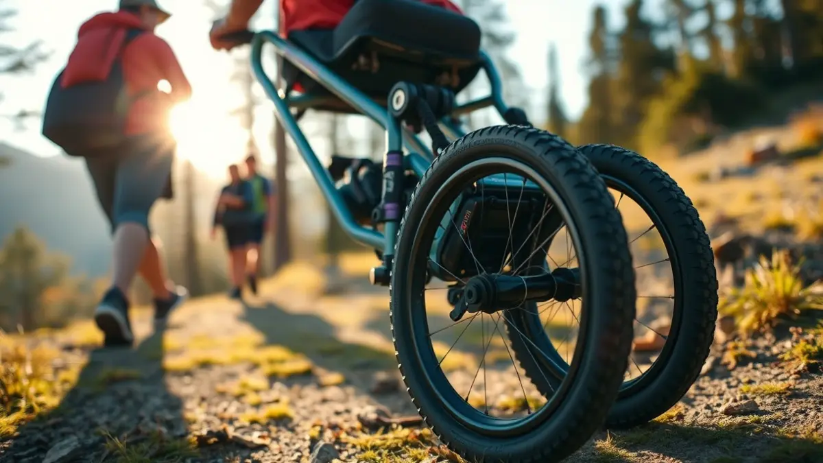 Image of a Joëlette chair on a mountain path, with volunteers assisting.