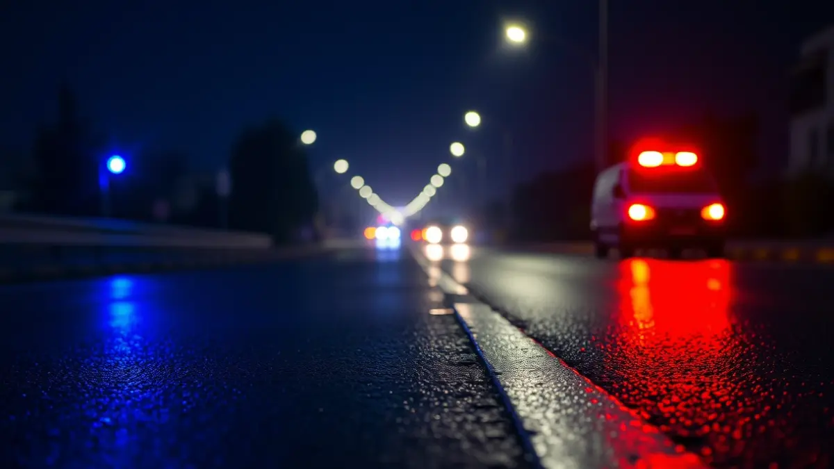 Imatge genèrica de llums d'emergència reflectint-se sobre l'asfalt mullat.