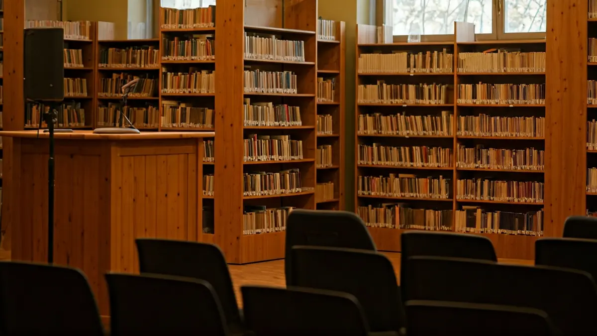 Imatge genèrica d'un interior de biblioteca amb prestatgeries de fusta i un podi amb micròfon, representant un esdeveniment cultural o presentació de llibre.