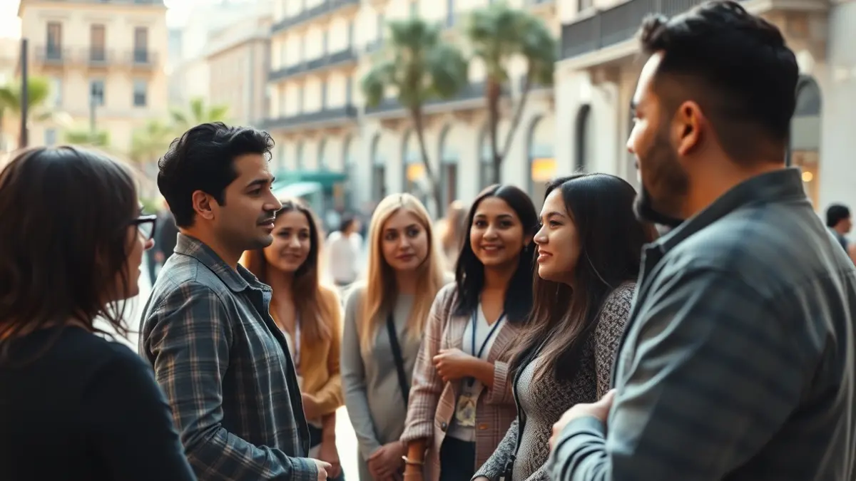 Imatge d'un grup de persones llatinoamericanes interactuant en un espai públic de Barcelona, simbolitzant la integració i el diàleg.