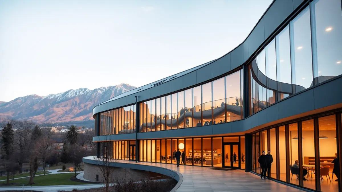 Imatge d'un edifici universitari modern amb les muntanyes dels Pirineus al fons.