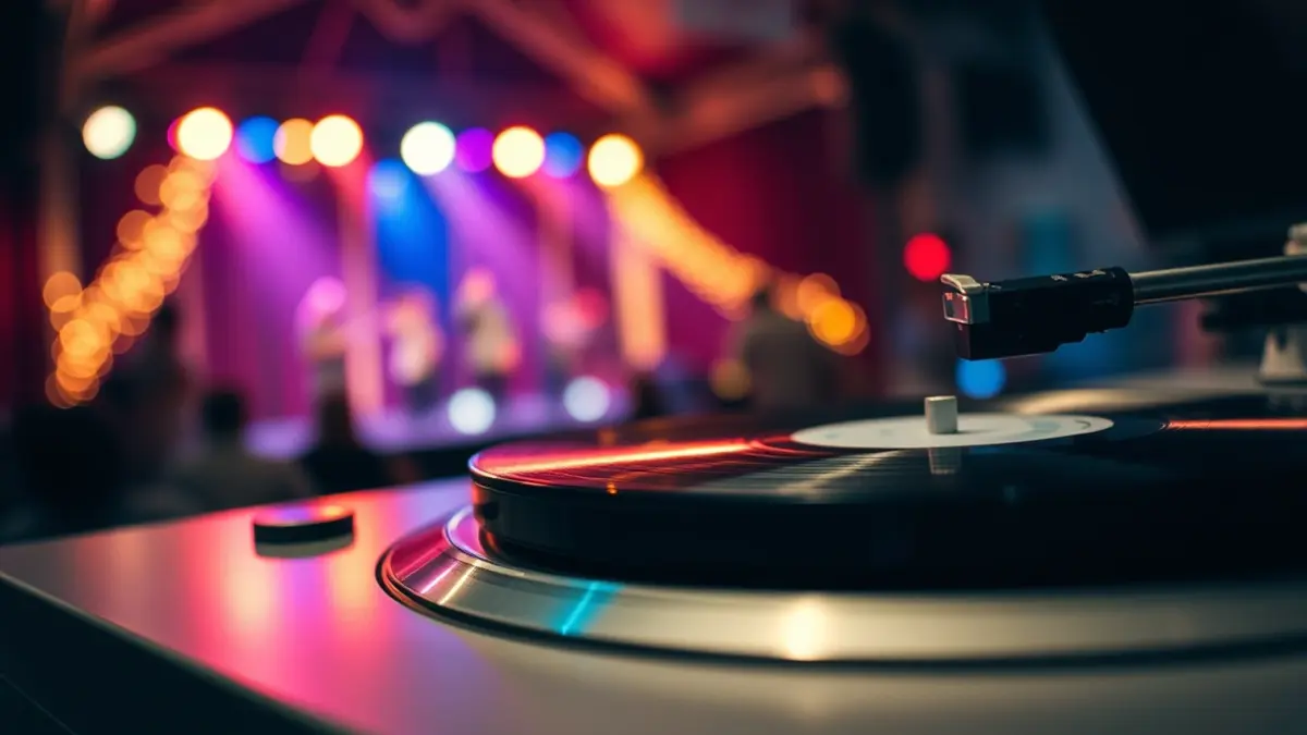 Imatge genèrica d'un disc de vinil girant en un tocadiscos, amb llums d'escenari borroses al fons.