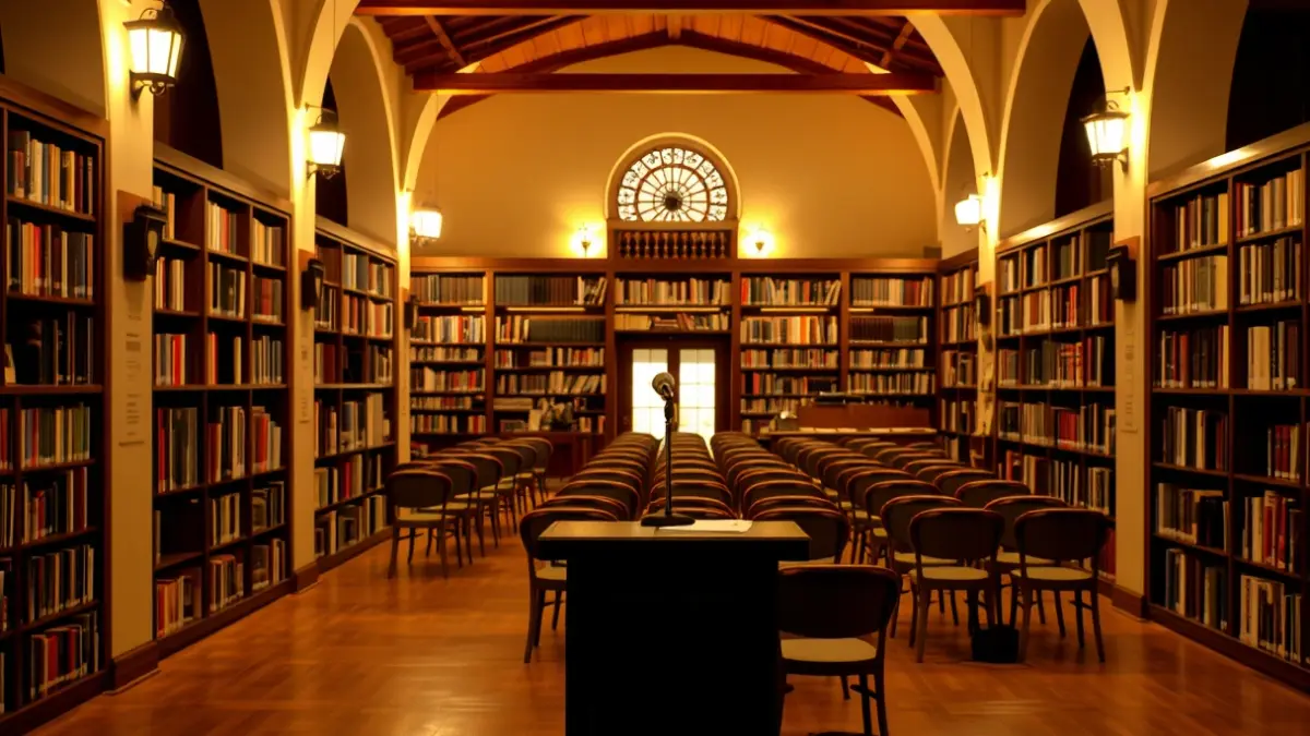 Imagen genérica de un interior de biblioteca con estanterías de madera y un podio con micrófono, iluminación cálida.