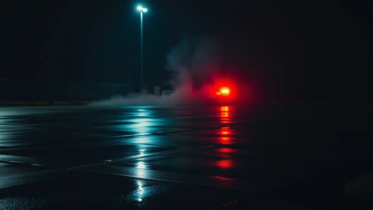 Generic image of emergency lights reflecting on a dark parking lot with smoke.