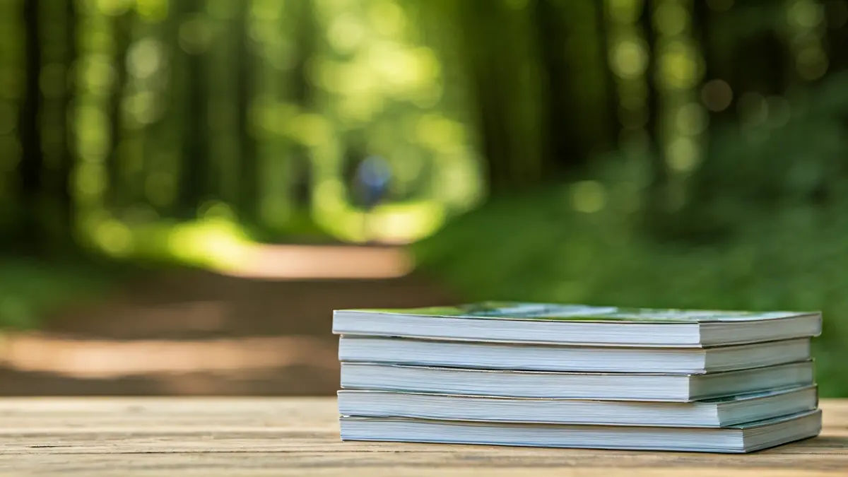Generic image of nature books on a wooden table with a blurred background of foliage.
