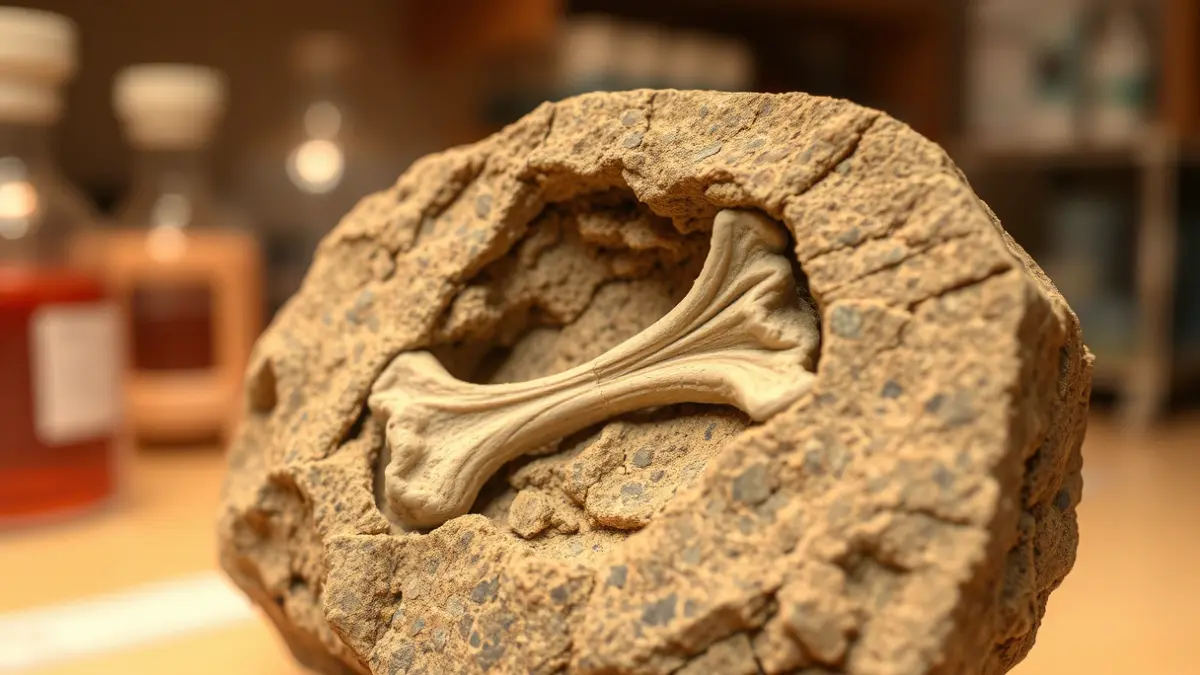 Imatge genèrica d'un fòssil incrustat en roca sedimentària, amb instruments científics desenfocats al fons.