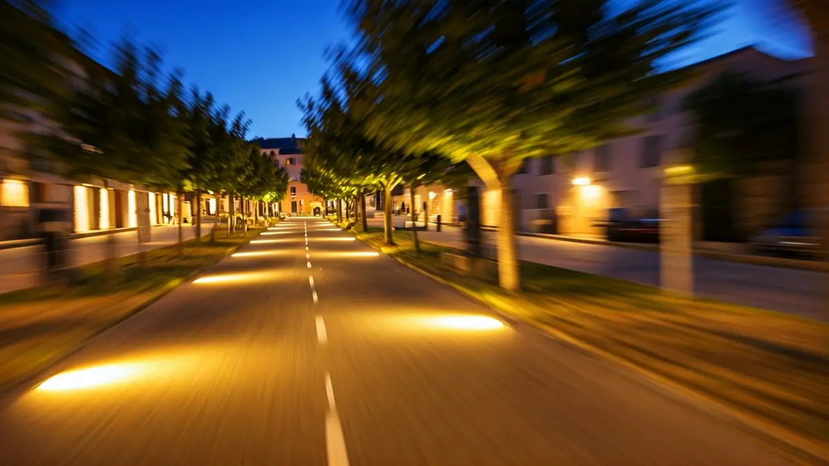 Illuminated bike path connecting two towns at dusk.