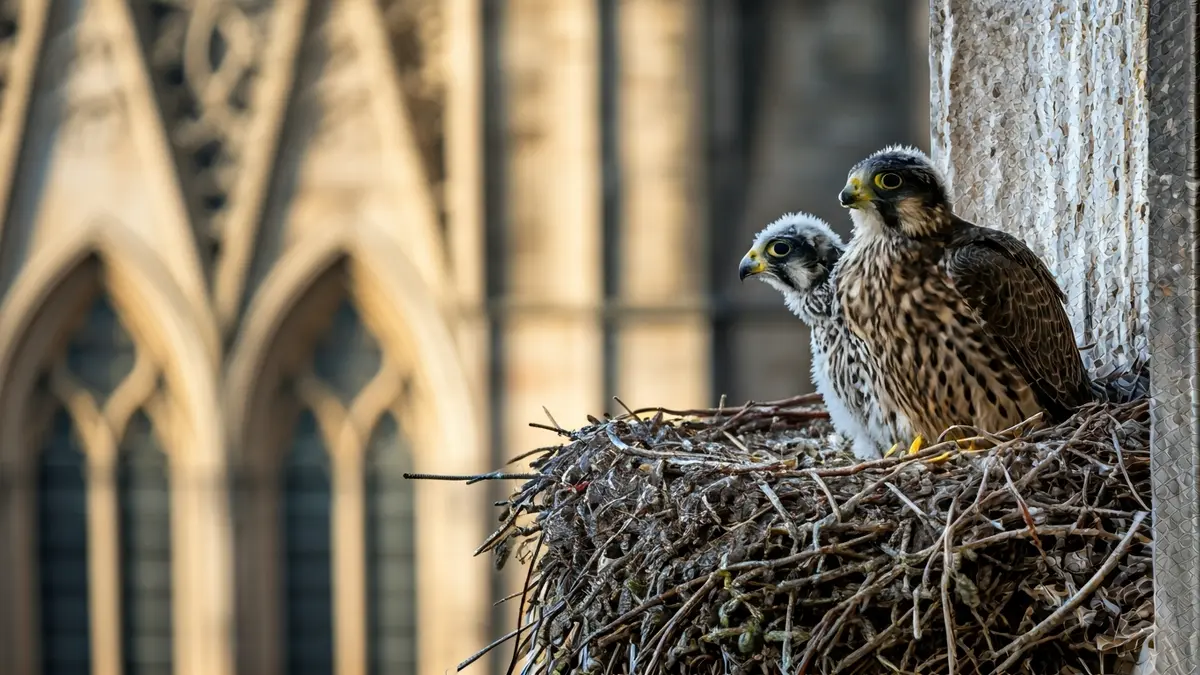 Imagen de dos polluelos de halcón peregrino en un nido en la Sagrada Familia.