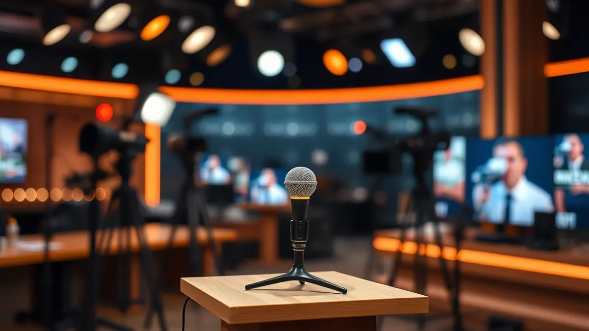 Imatge genèrica d'un micròfon en un plató de televisió, amb llums desenfocades al fons.