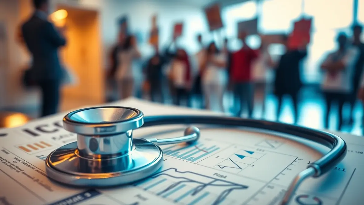 Imatge genèrica d'un estetoscopi sobre un historial mèdic, amb figures borroses de persones al fons.