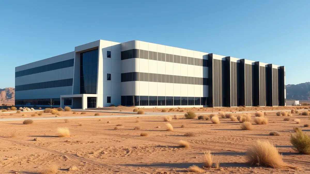 Imatge d'una gigafactoria d'intel·ligència artificial amb un disseny modern i futurista.