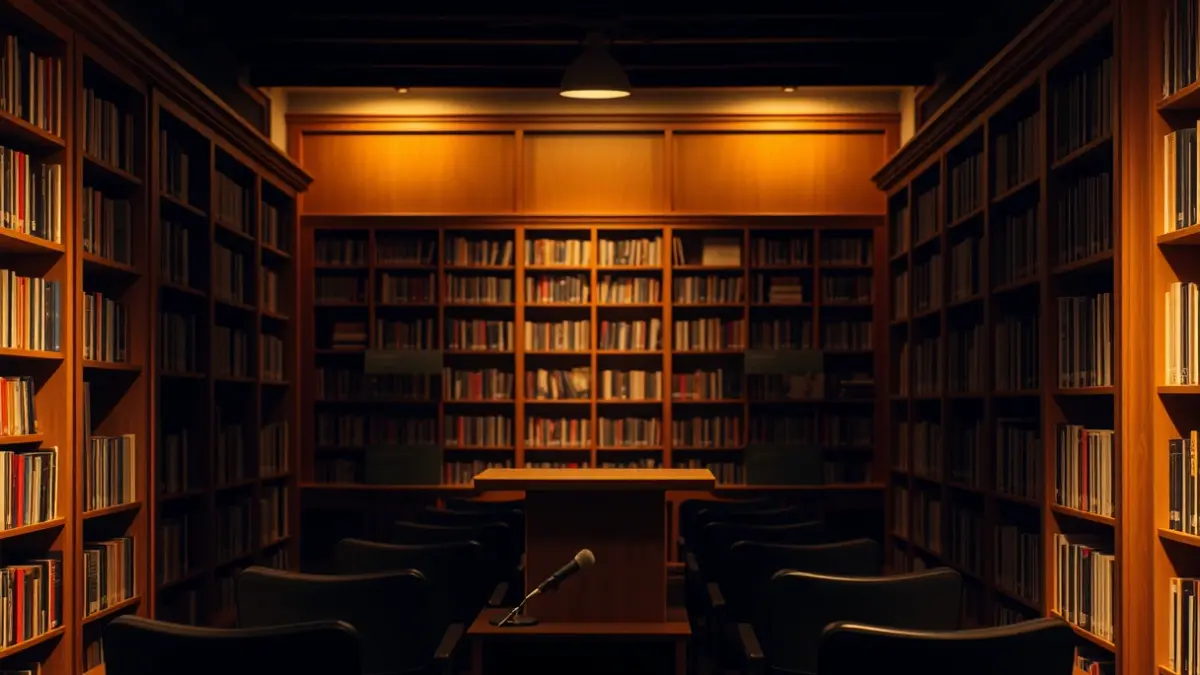 Imagen genérica de una biblioteca con estanterías de madera y un atril, con una iluminación cálida.