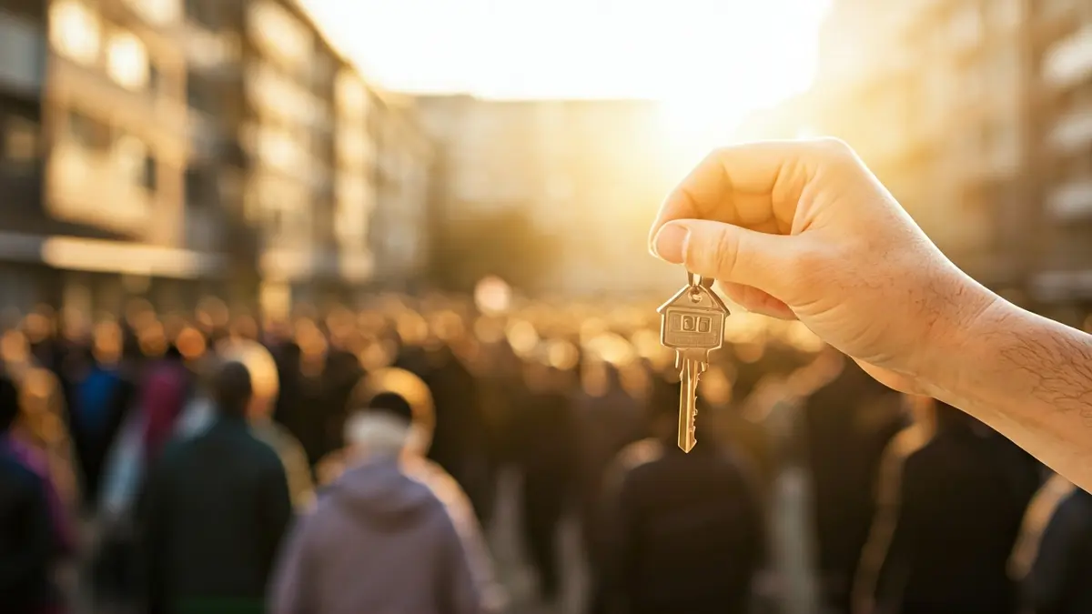 Imatge genèrica d'una mà sostenint una clau de casa, amb edificis d'apartaments al fons.