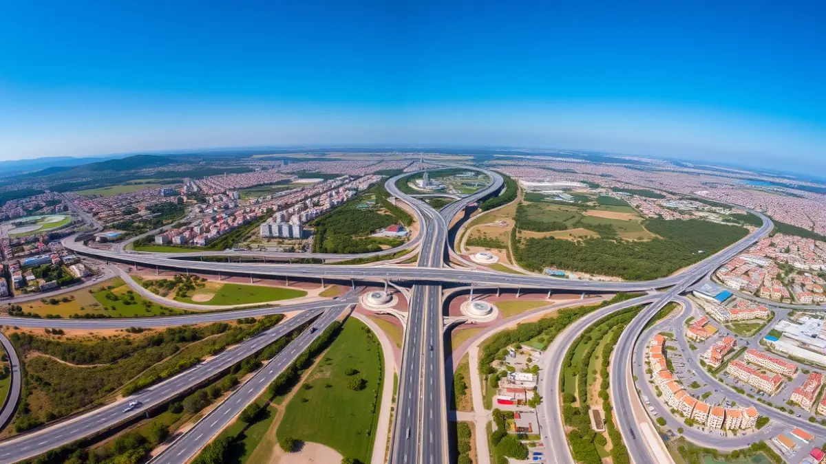 Aerial view of a modern highway interchange with multiple ramps and bridges.