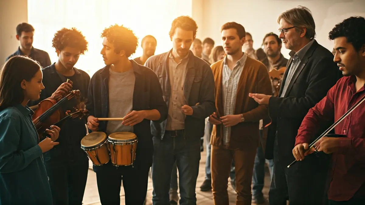Generic image of people participating in a music therapy workshop with musical instruments.