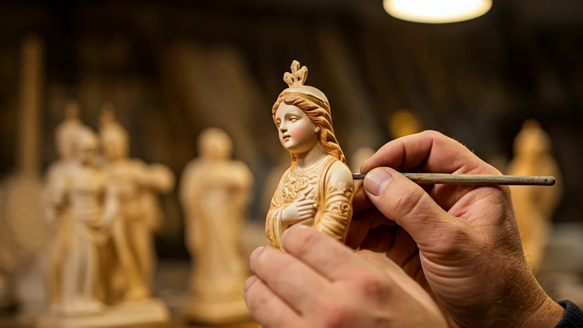Imagen de un artesano pintando una escultura religiosa en un taller de Olot.