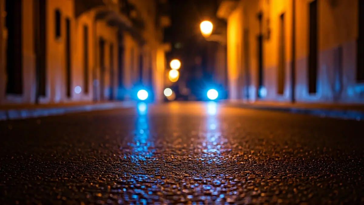 Imatge genèrica de llums d'emergència reflectint-se sobre l'asfalt en un carrer estret.