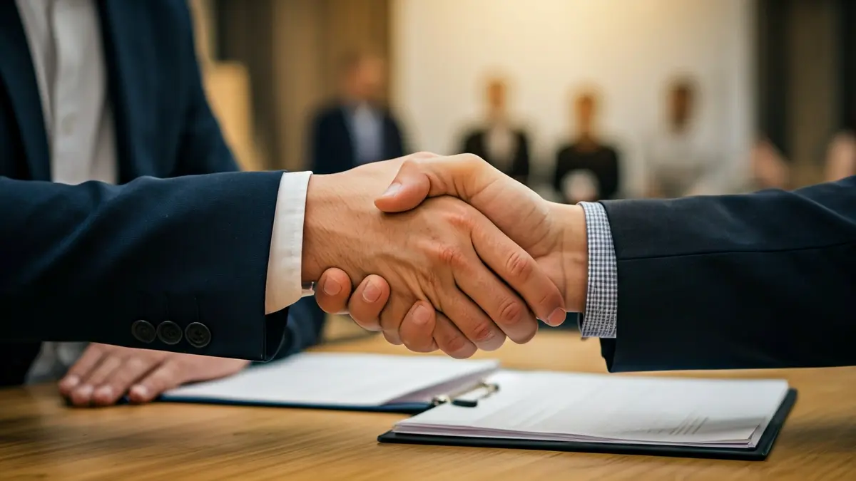 Generic image of two hands shaking in an office setting, symbolizing a business negotiation or investment.