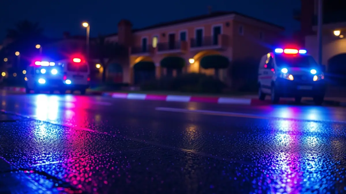 Imagen genérica de luces de emergencia reflejándose sobre el asfalto mojado.