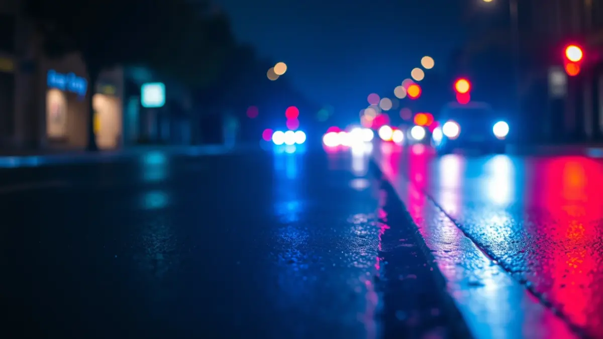 Generic image of police emergency lights reflecting on wet asphalt in a Mediterranean urban setting.
