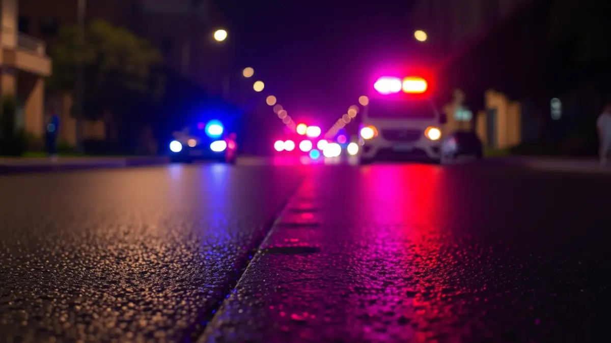 Imagen genérica de luces de emergencia reflejándose sobre el asfalto mojado en un entorno urbano.