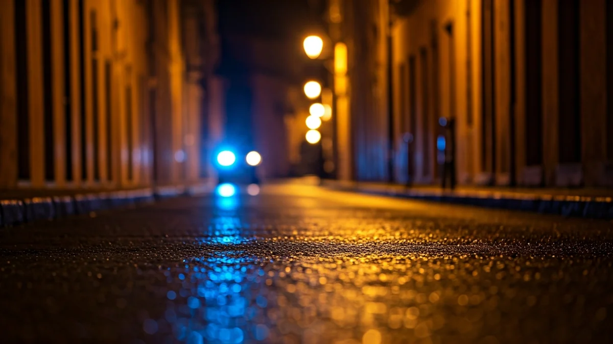 Generic image of emergency lights reflecting on wet asphalt in a narrow street of a Mediterranean old town.