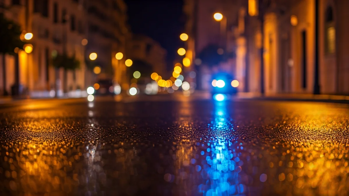 Imatge genèrica de llums d'emergència reflectint-se sobre l'asfalt mullat en una ciutat mediterrània