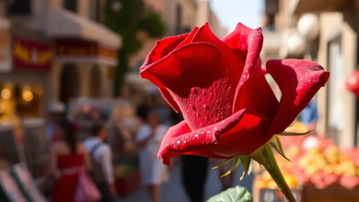 Imatge d'una rosa vermella amb gotes de rosada, amb un fons desenfocat d'un mercat de carrer en una ciutat mediterrània.