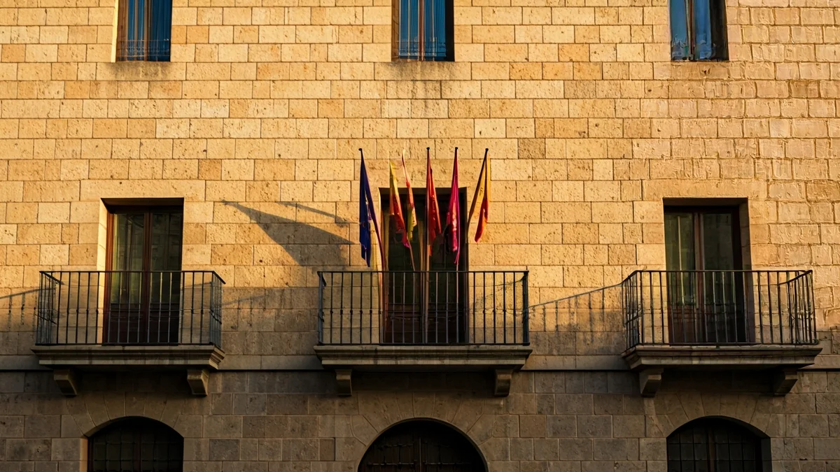 Imagen genérica de una fachada de ayuntamiento de piedra con balcón y barandillas de hierro forjado, bajo la luz del sol de la tarde.